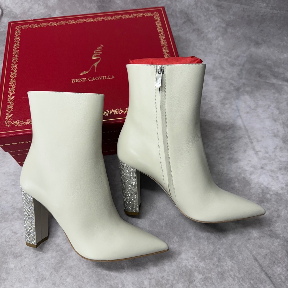 Rene Caovilla Nina Ivory Calf Leather Strass Crystal Heel Ankle Boots 38 NEW